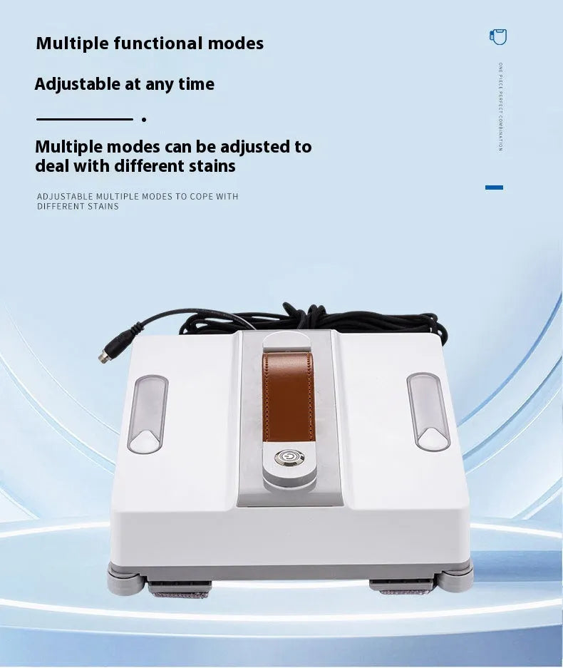 White square window cleaning robot with water spray nozzles on a glass window pane.