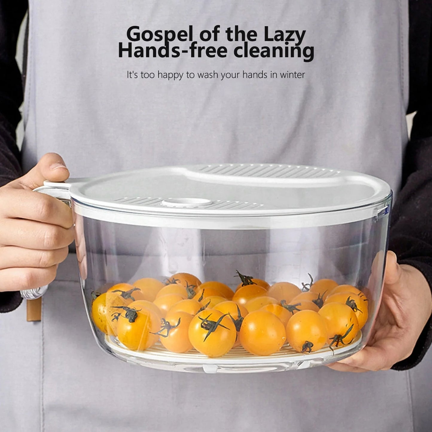 Multifunctional kitchen drainage basin in light green and white for efficient fruit and vegetable washing