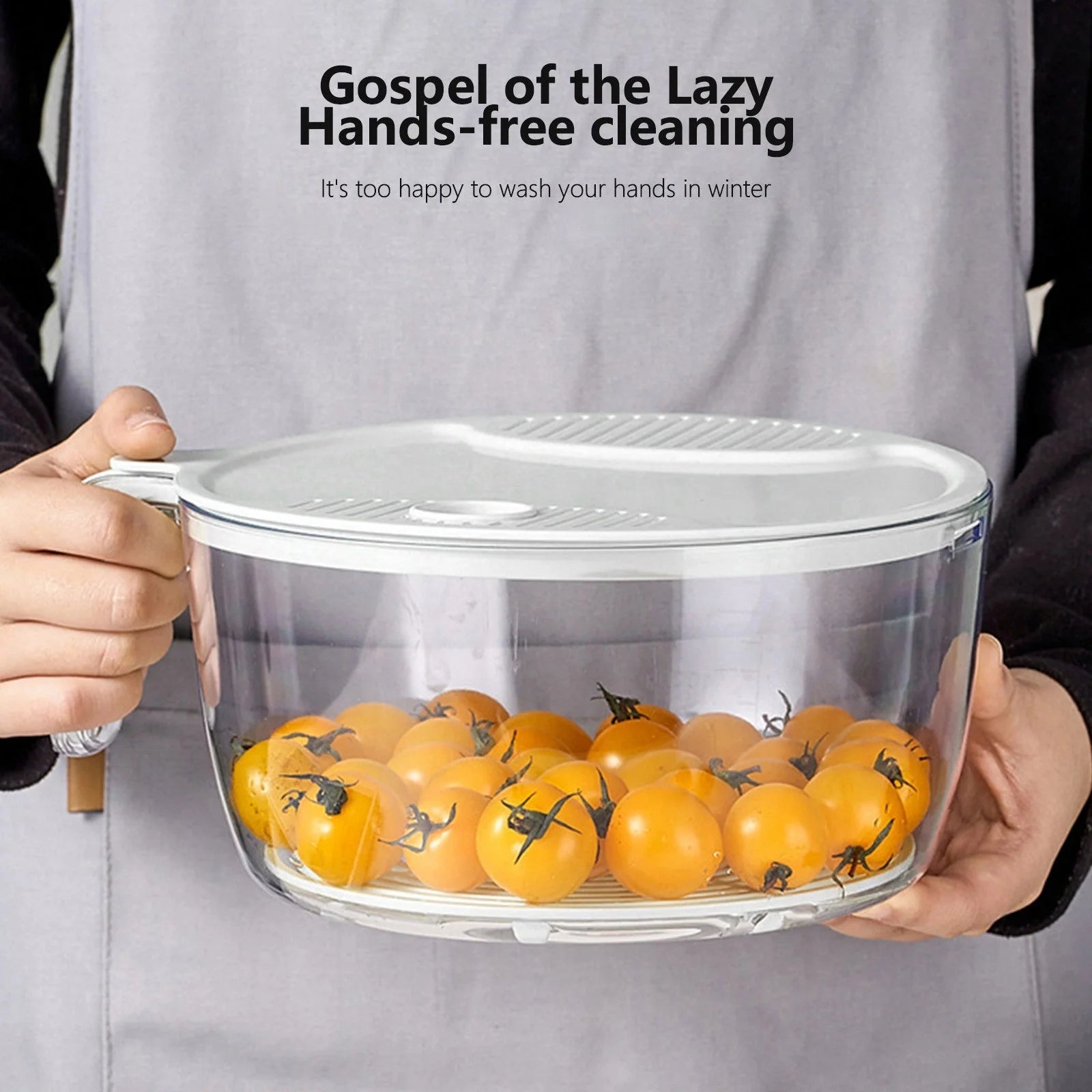 Multifunctional kitchen drainage basin in light green and white for efficient fruit and vegetable washing