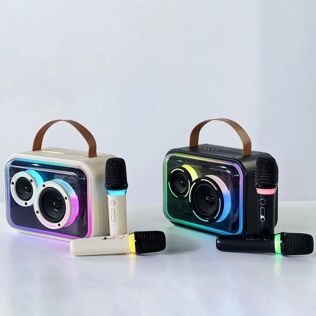 Portable Bluetooth karaoke speaker with RGB lighting in light yellow or black colour options