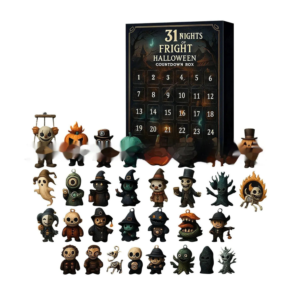 Halloween countdown advent calendar box with horror-themed resin doll blind boxes inside.