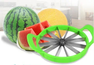 Green-handled watermelon slicer with 410 stainless steel blade on a kitchen counter