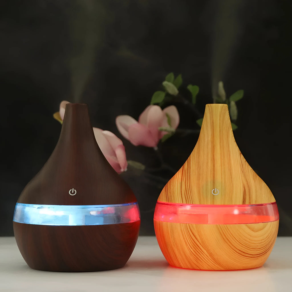 USB mini air purifier humidifier with wood grain finish and remote control
