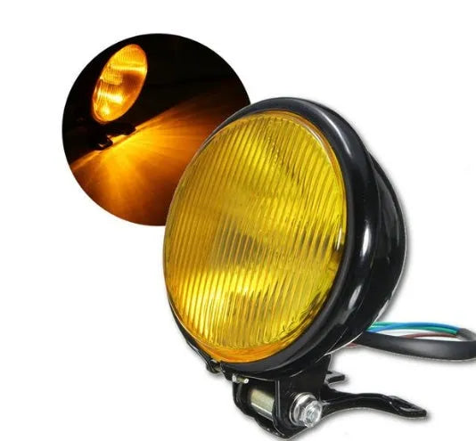 Motorcycle round bottom mount headlight black housing amber glass lens 12.5 by 8.5cm front light