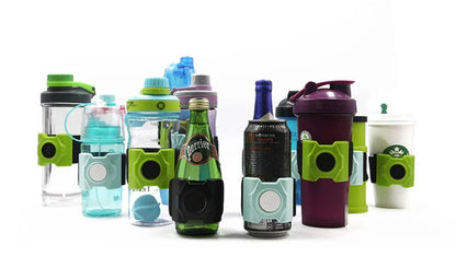 Adjustable magnetic water cup belt in black, blue, and green for fitness and outdoor use