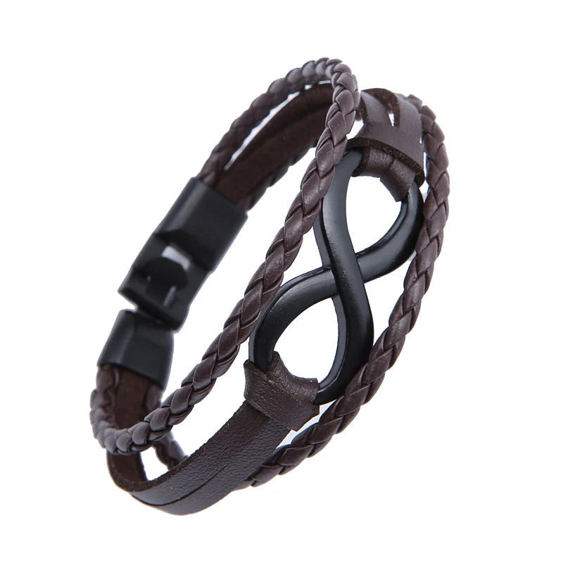 Alloy lucky figure 8 leather bracelet with adjustable leather strap and stainless steel accents