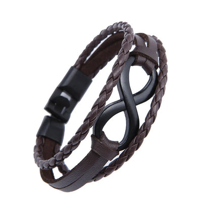 Alloy lucky figure 8 leather bracelet with adjustable leather strap and stainless steel accents