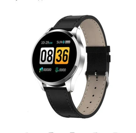 Round screen smart watch with health monitoring features and multi-language support