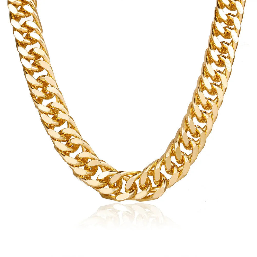 Gold coloured women's thick chain necklace on a white background.