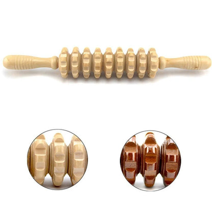 Wooden roller massage stick showing 39 cm length with 18 cm roller section and steel shaft construction