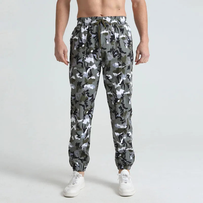 Men's sports casual camouflage trousers in army green pattern, full length, polyester fabric