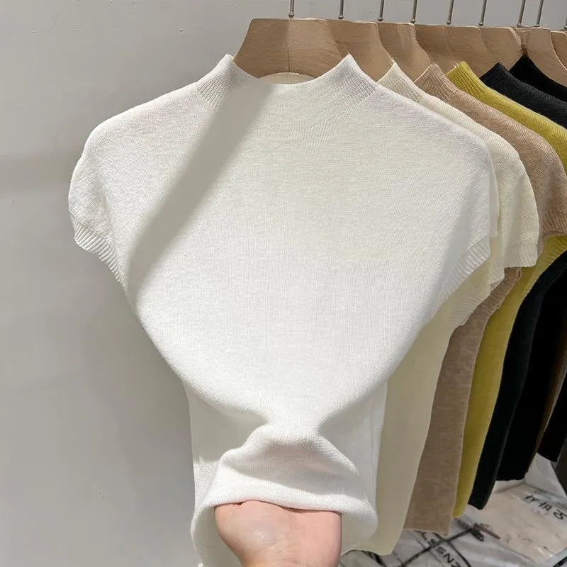 Women's half-high collar flutter sleeve knitwear summer pullover in light apricot with geometric pattern