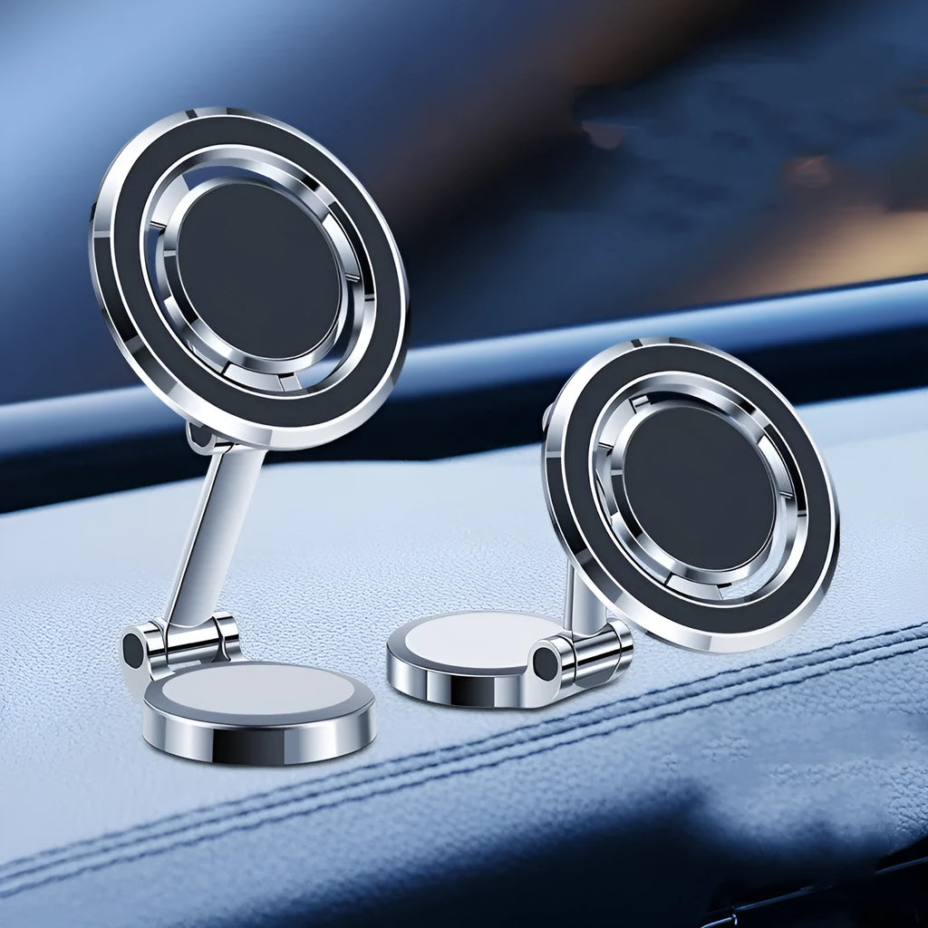Car dashboard phone holder with flexible clip and 360-degree swivel mount in black.