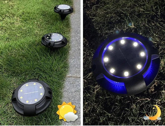 LED solar underground lawn light 11x4x13cm black ABS PP with seven colour changing cold white light on grass at dusk