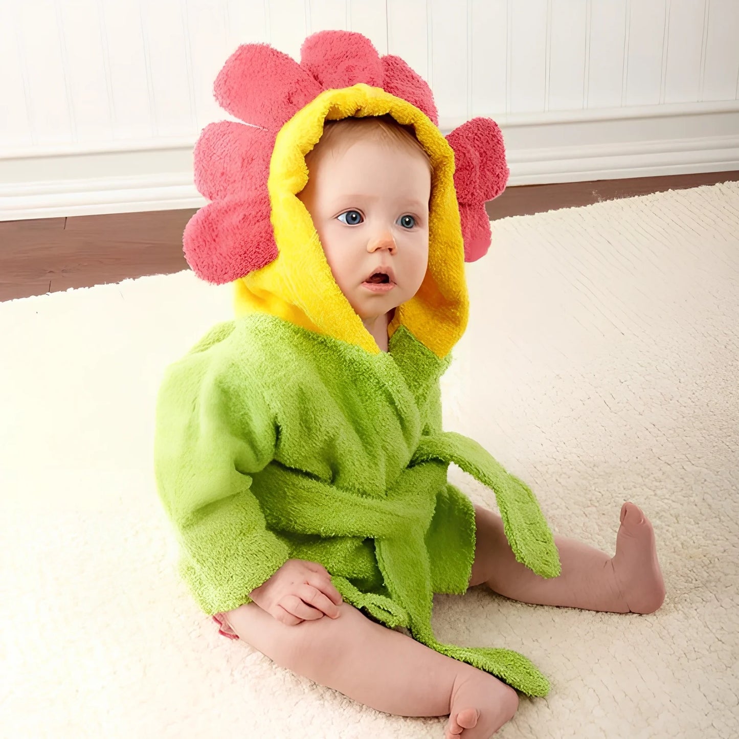 Cotton baby bathrobe with animal hood showing panda design, belt fastening, and absorbent fabric