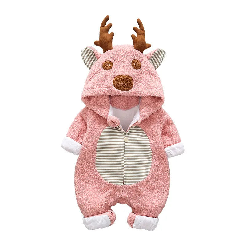 Long-sleeve baby romper with lace-up strap closure in khaki, pink, or white cotton blend fabric