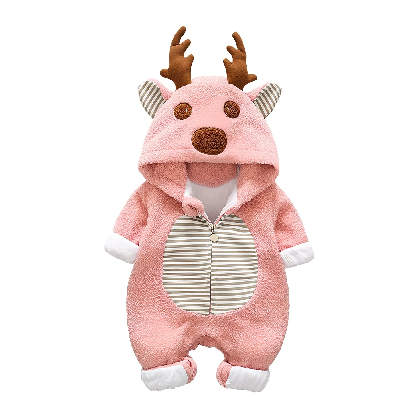 Baby wearing cotton romper with lace-up straps in khaki colour, size 80cm