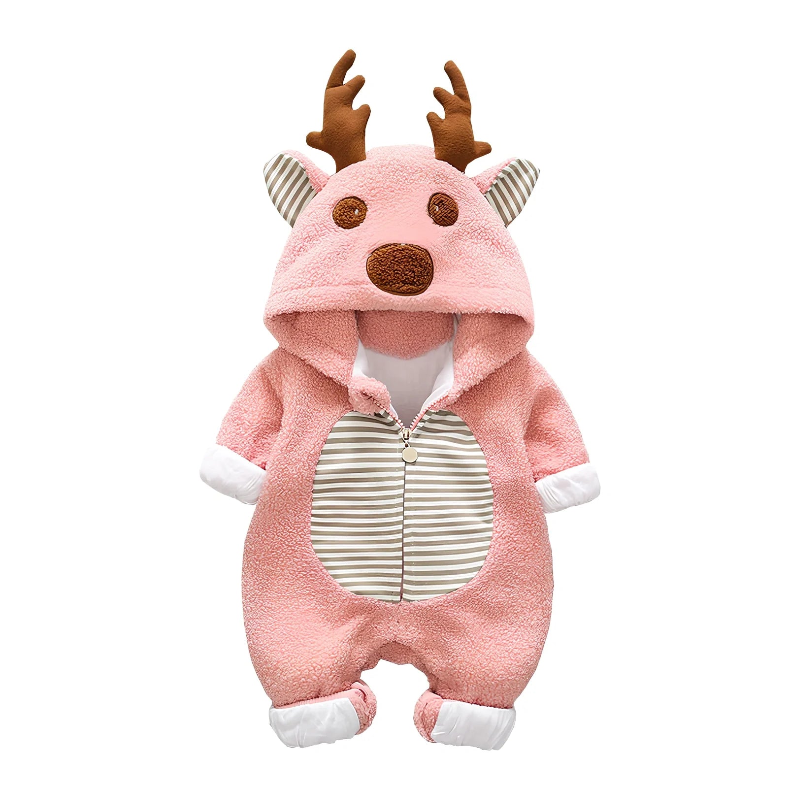 Baby wearing cotton romper with lace-up straps in khaki colour, size 80cm