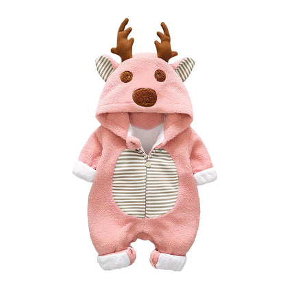 Baby wearing cotton romper with lace-up straps in khaki colour, size 80cm