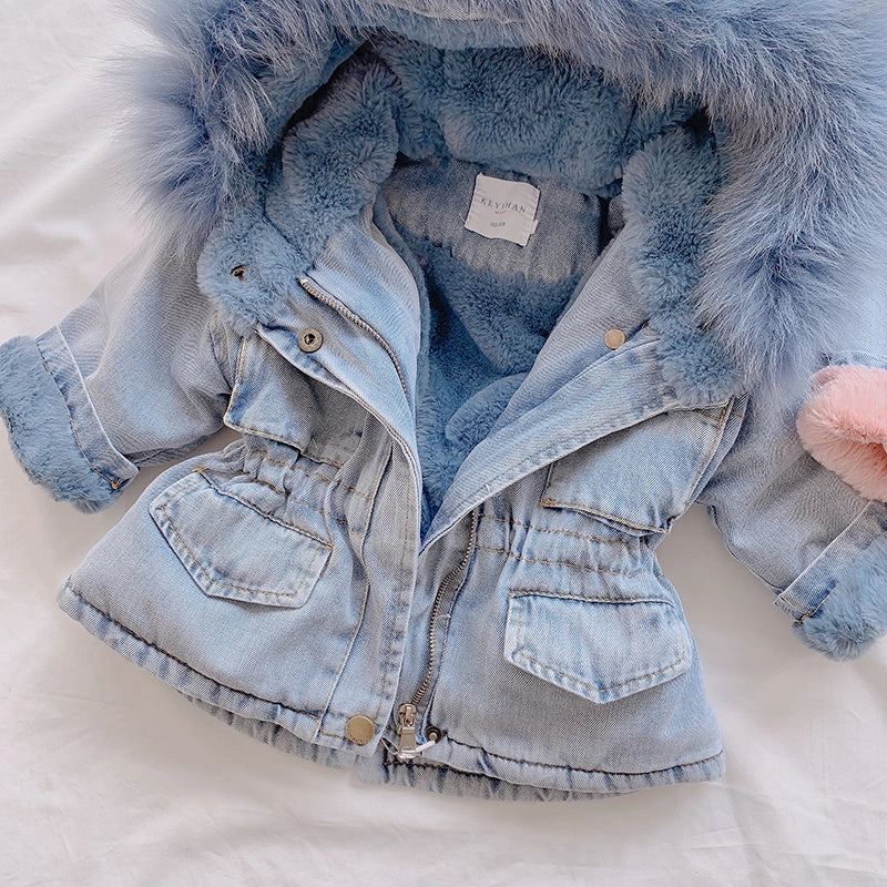Girl denim coat in blue and pink with plus velvet lining and attached hat