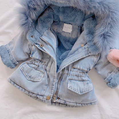 Girl denim coat in blue and pink with plus velvet lining and attached hat