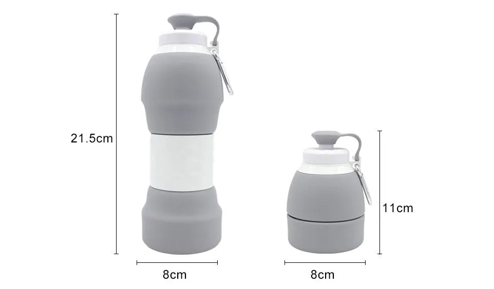 Blue silicone folding water bottle shown full and collapsed, with 580ml capacity mark.