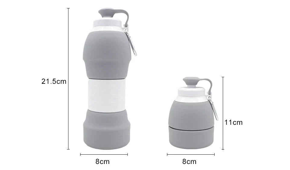 Collapsible silicone water bottle in various colours, showing folded and unfolded states
