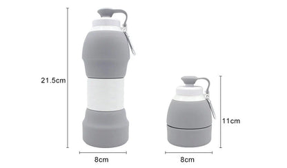 Collapsible silicone water bottle in various colours, showing folded and unfolded states