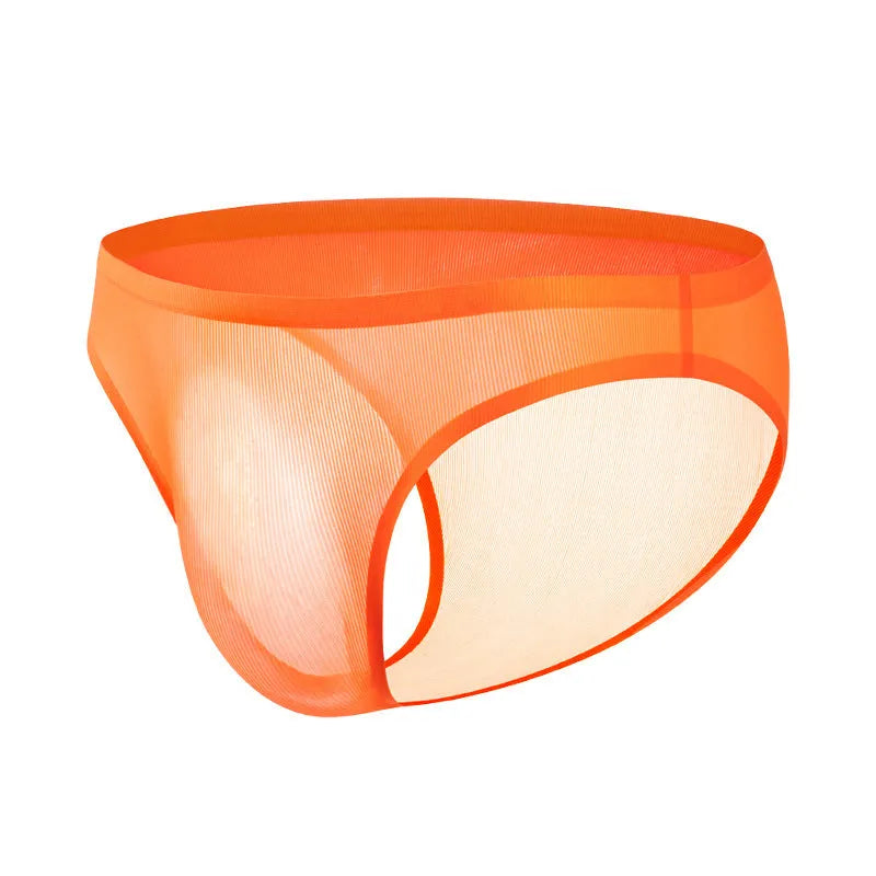 Seamless ice silk low waist briefs in black, shown flat to highlight invisible design.