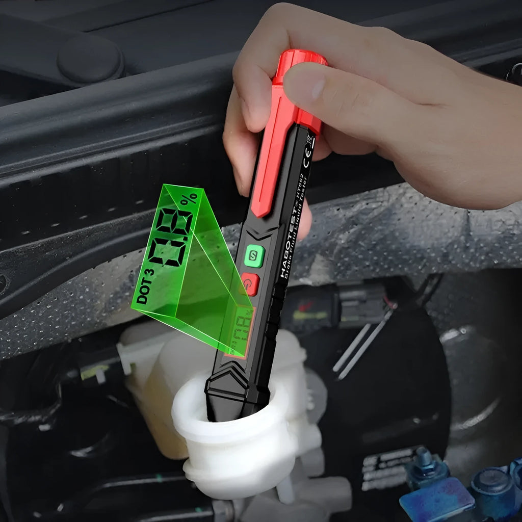 Digital LCD display brake fluid tester pen with two test pins and included batteries