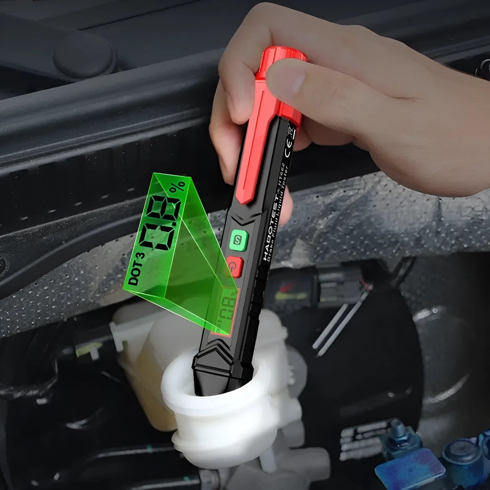 Digital LCD display brake fluid tester pen with two test pins and included batteries
