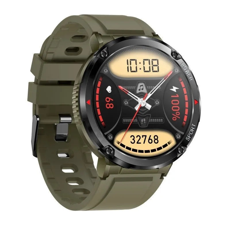 T30 smart watch with black silicone strap showing IPS screen displaying heart rate data.
