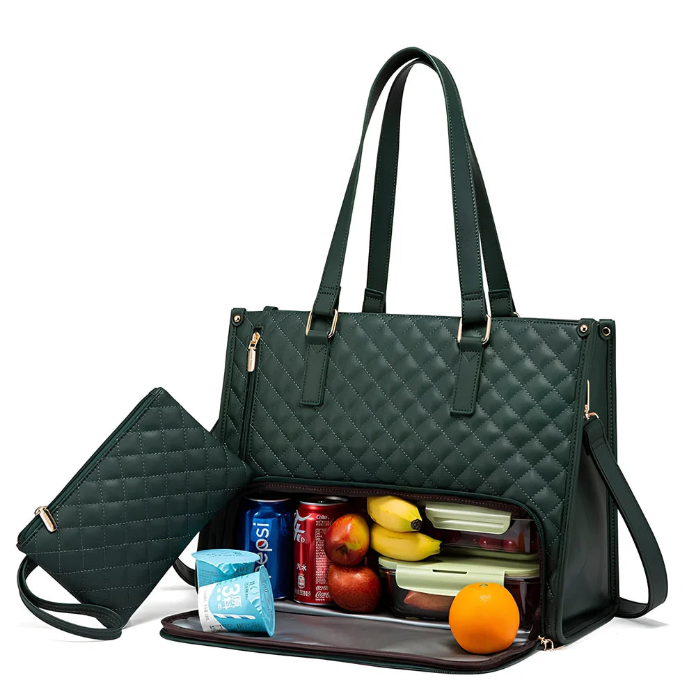 Brown women's insulated lunch bag 42x30x18cm with leak-proof lining and diagonal strap