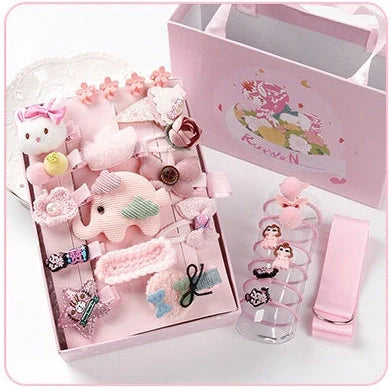 24-piece children's hair clip set with cartoon animal designs including blue fox and pink elephant