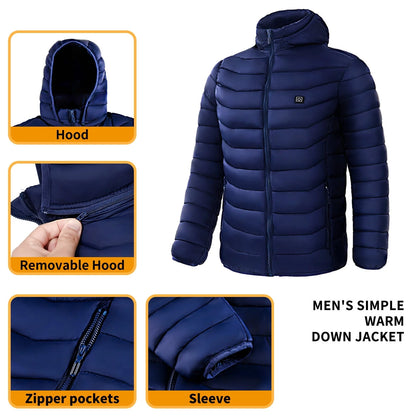 Men's electric heated puffer jacket with insulated hood for skiing