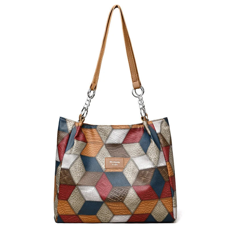 Retro geometric pattern shoulder bag for women in black and yellow