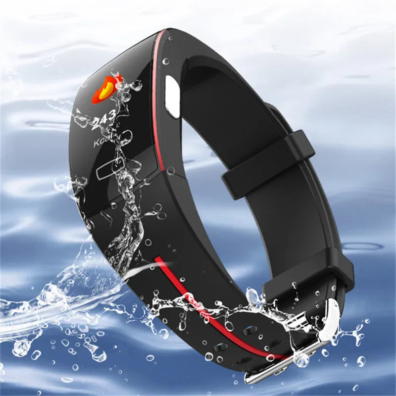 Smart watch with OLED touch display and silicone wristband on a wrist, showing heart rate monitoring screen