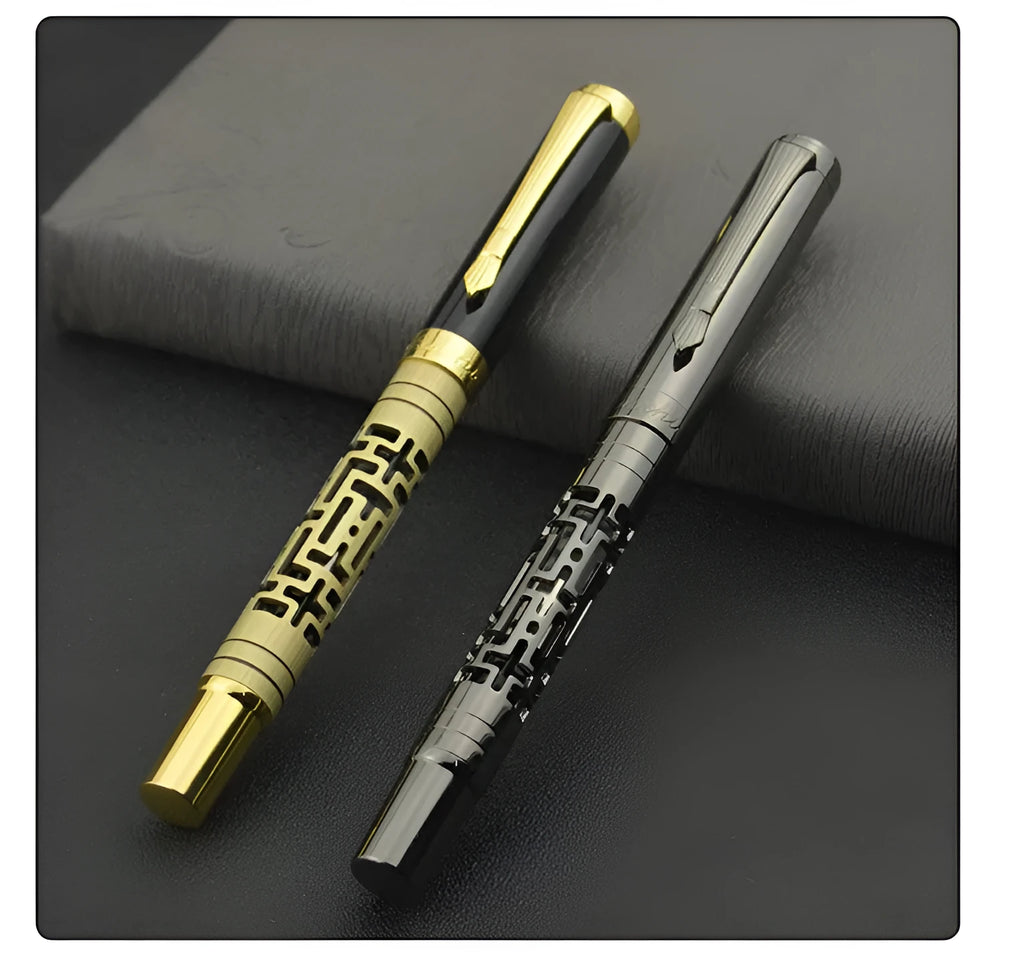 Yellow bronze metal fountain pen with iridium nib, 0.7mm big point, and gold trim, lying on a light surface