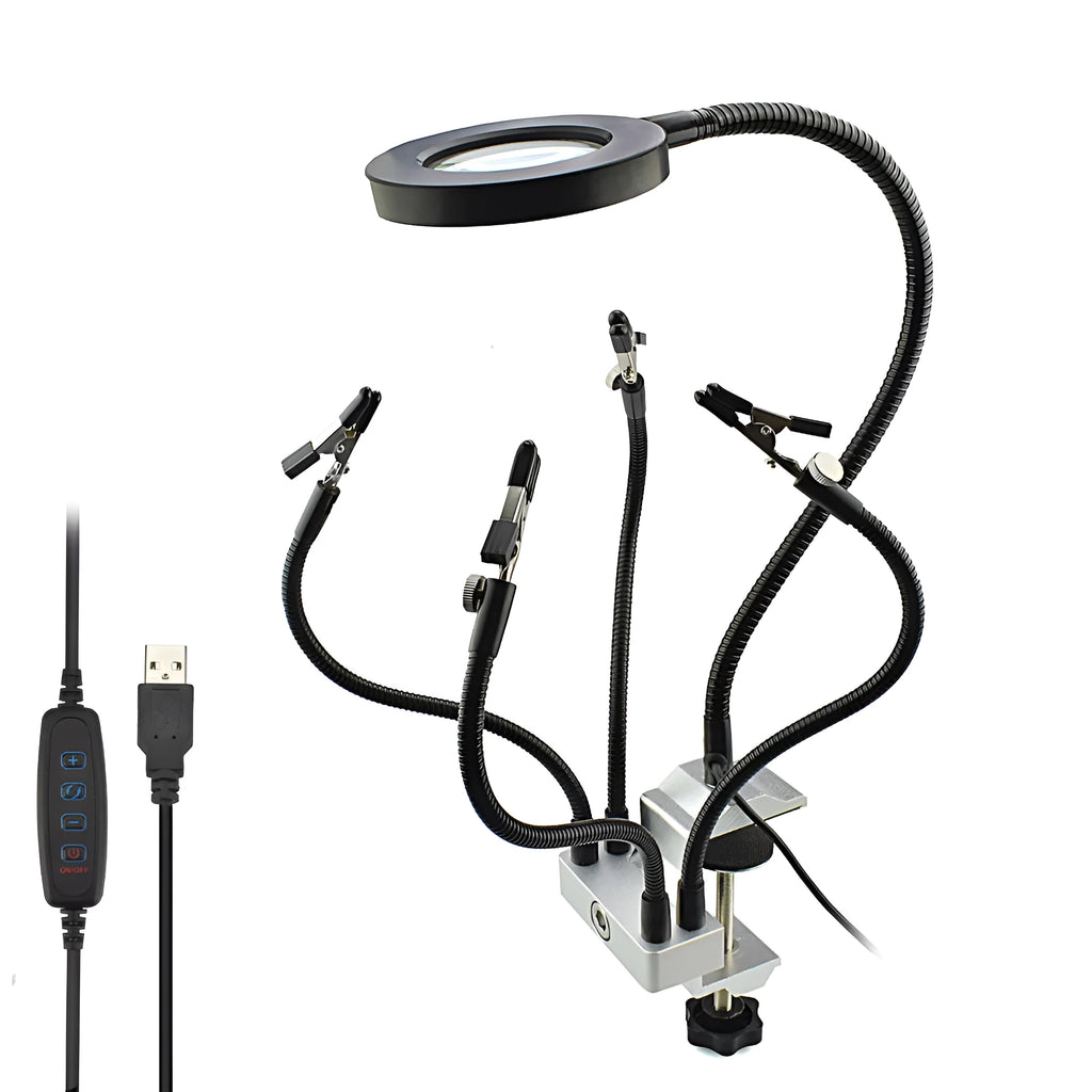 LED magnifying glass soldering station with 3x magnification, 42 SMD lights, and flexible arm on aluminium base