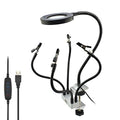 LED magnifying glass soldering station with 3x magnification, 42 SMD lights, and flexible arm on aluminium base