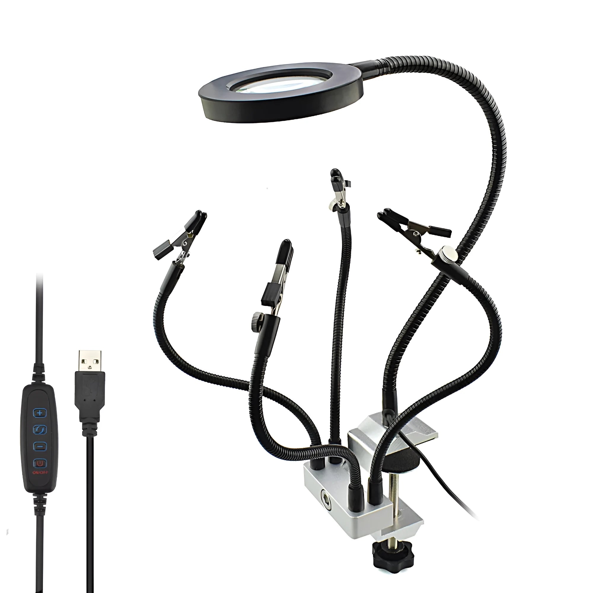 LED magnifying glass soldering station with 3x magnification, 42 SMD lights, and flexible arm on aluminium base