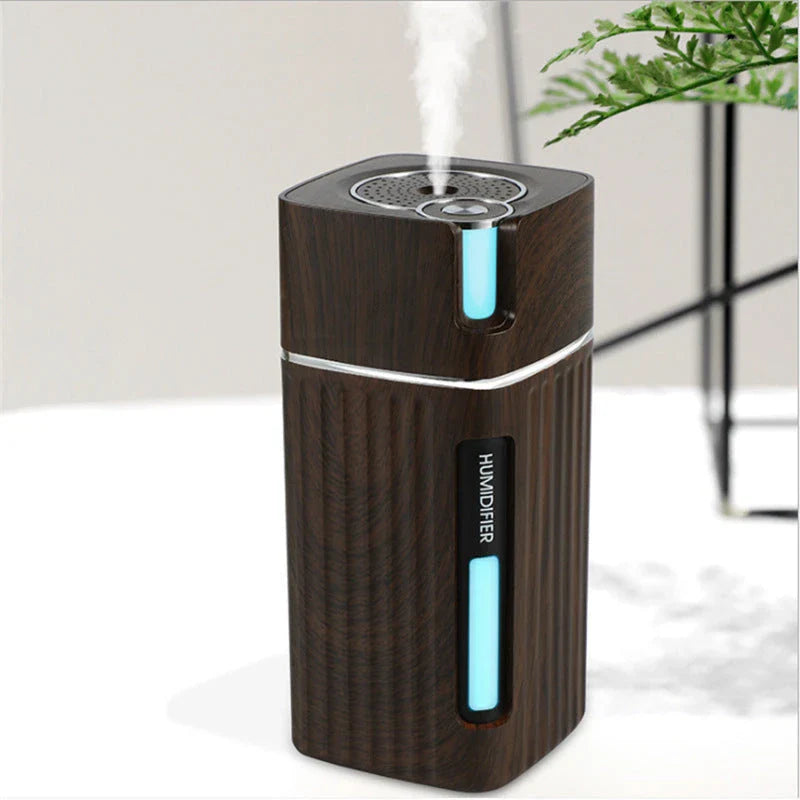 Versatile wood grain ultrasonic humidifier with aroma diffuser, LED light, and compact design