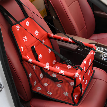 Waterproof pet car mat with headrest straps installed in vehicle, showing storage compartment and dimensions 400x300mm