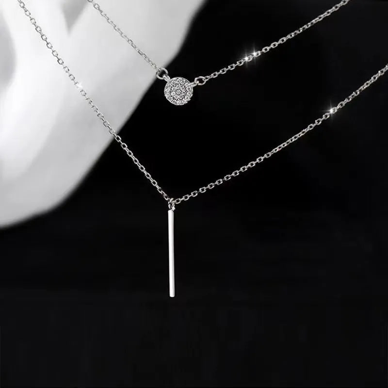 S925 silver double chain long stick micro pave zircon round pendant necklace for women white gold colour