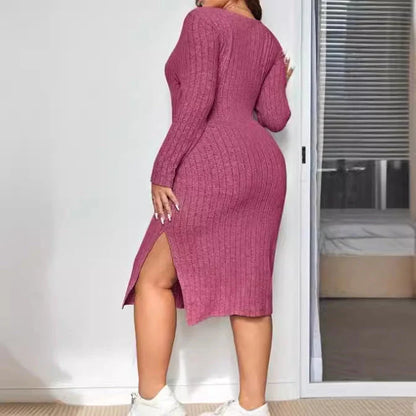 Long sleeve narrow slit slim-fitting sunken stripe knitted dress in rose red and light gray