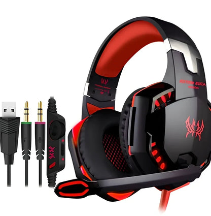 Black and red wired gaming headset with 40mm speakers, microphone, and 2.1m braided cable for surround sound gaming
