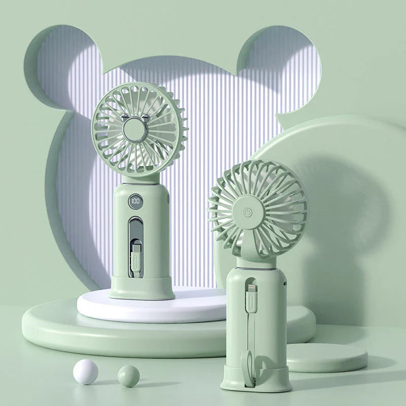 Portable 2-in-1 handheld fan with fast charging capability in vibrant colors