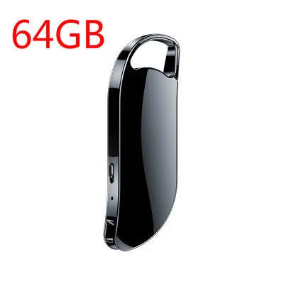 Black keychain digital voice recorder with metal shell and USB port
