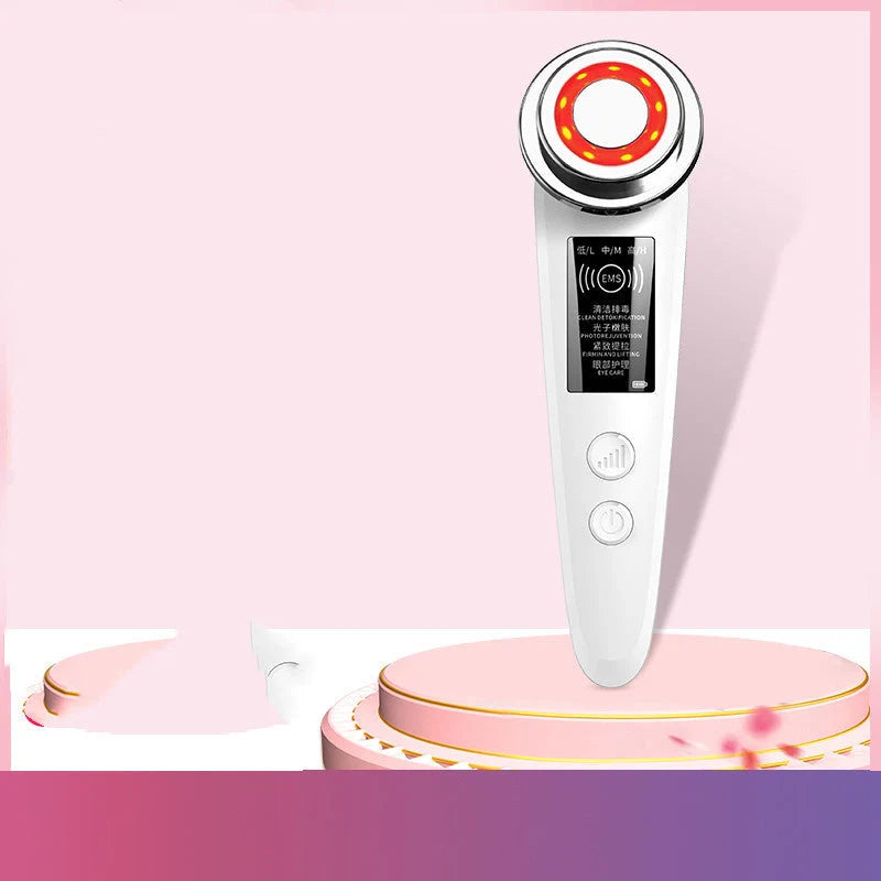 Pink White Facial Massager with multi-function cleansing and light therapy features