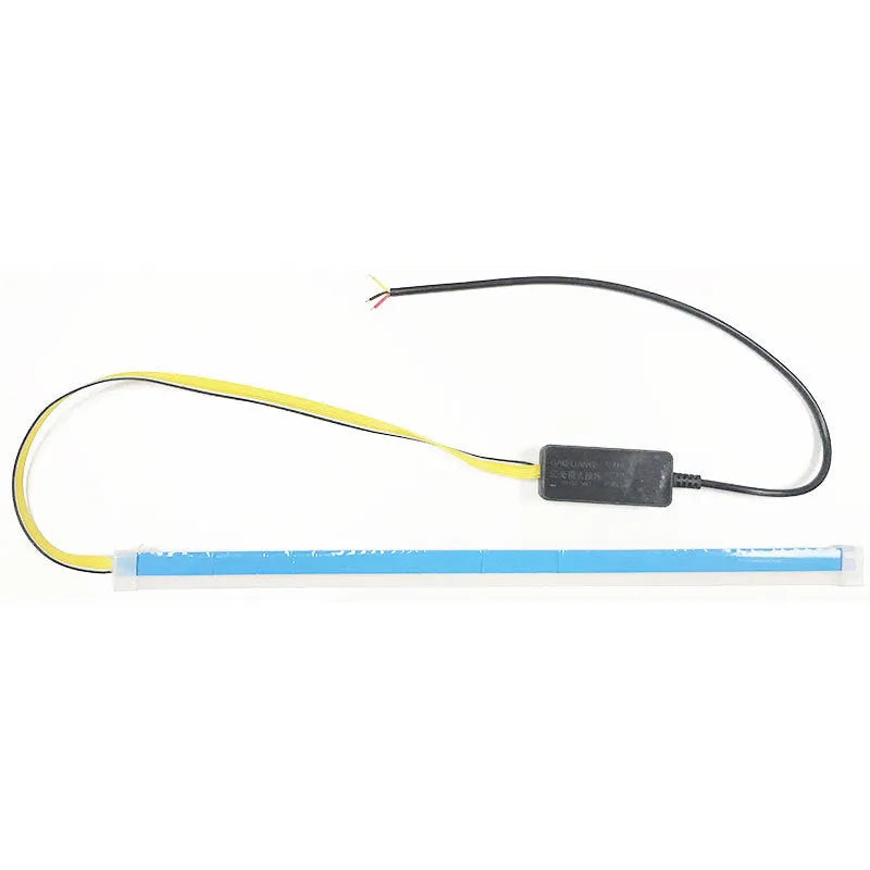 Flexible silicone LED car light strip for daytime running and turn signals, showing wiring connections.